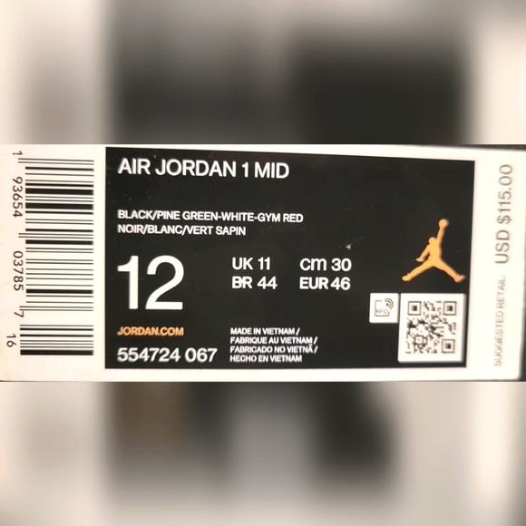 Air Jordan 1 Mid, Black/Green/White/Red, Men's Size 12 - Picture 5 of 5